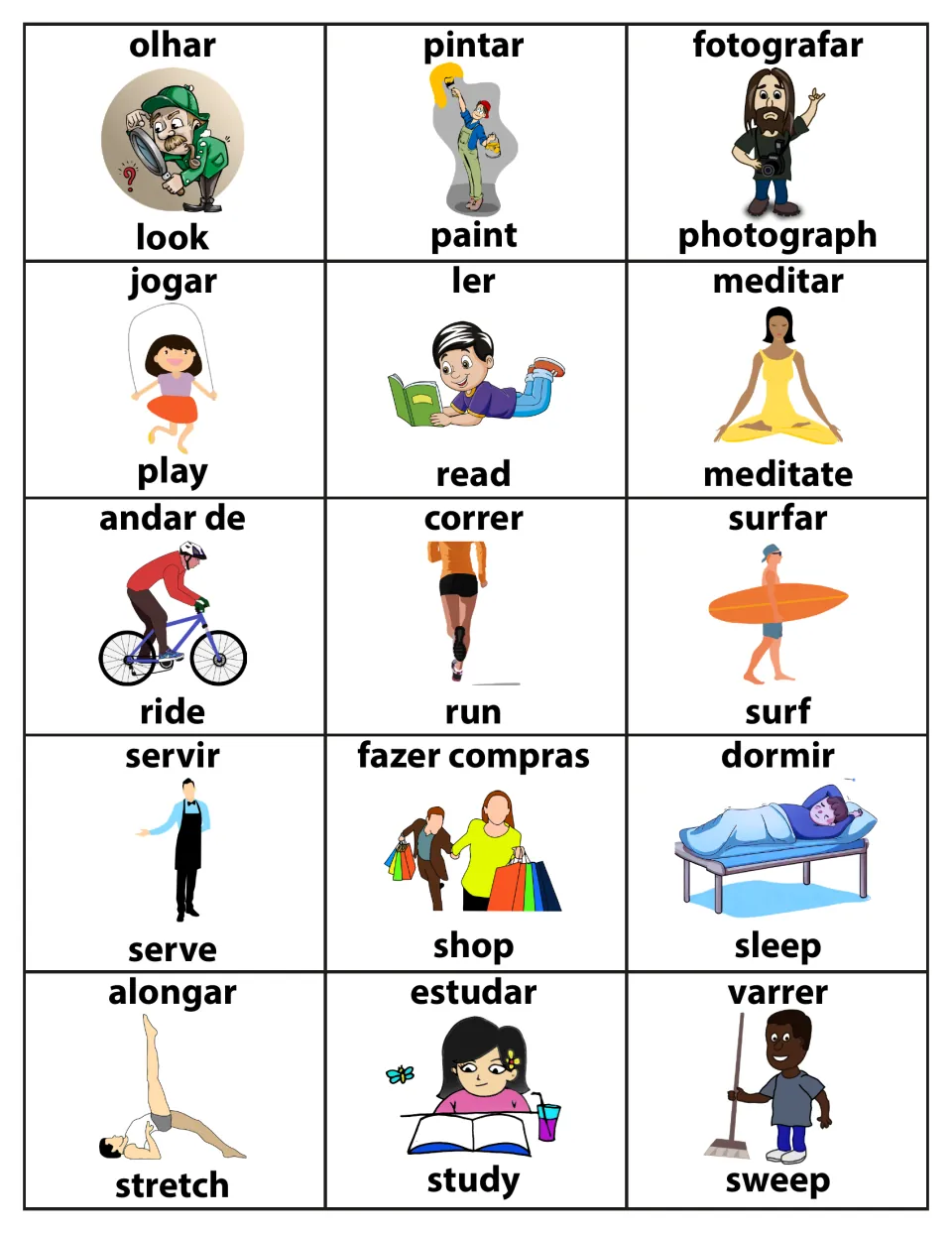 Action verb flashcards 31–45: olhar (look), pintar (paint), ler (read) and 12 more in Portuguese and English