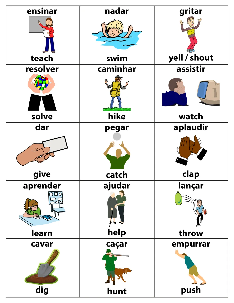 Action verb flashcards 46–60: ensinar (teach), nadar (swim), dar (give) and 12 more in Portuguese and English