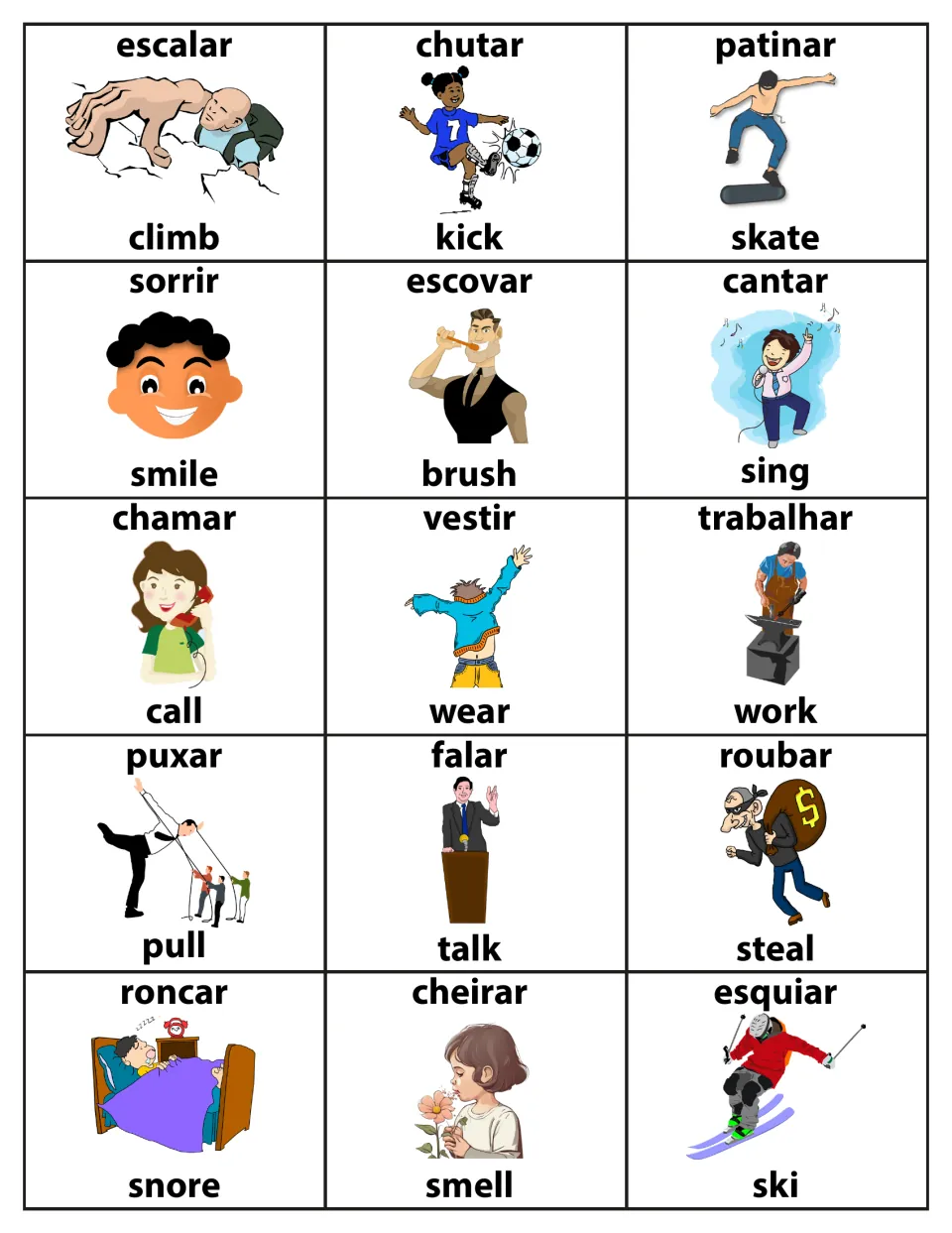 Action verb flashcards 61–75: escalar (climb), chutar (kick), cantar (sing) and 12 more in Portuguese and English