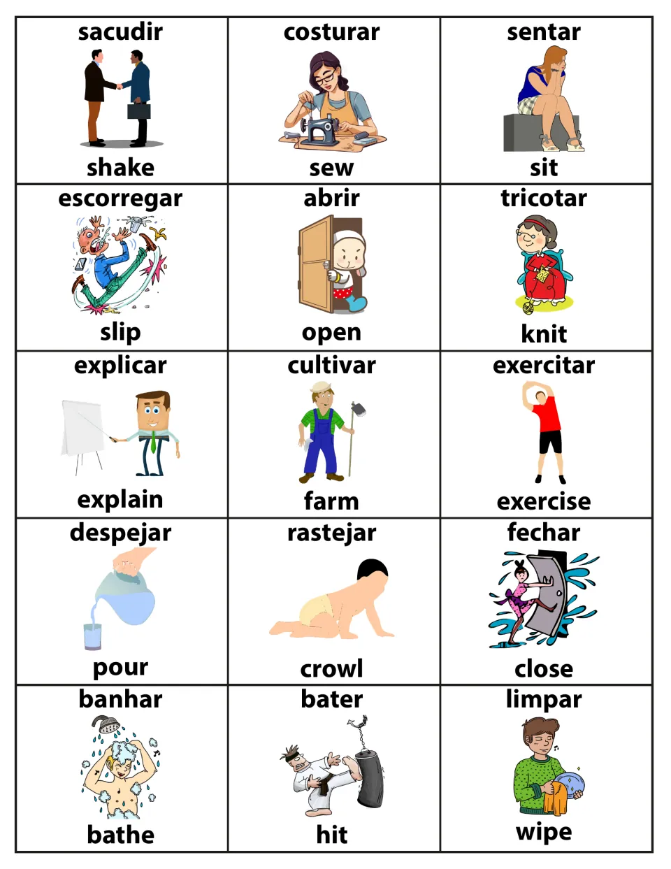 Action verb flashcards 76–90: costurar (sew), sentar (sit), abrir (open) and 12 more in Portuguese and English