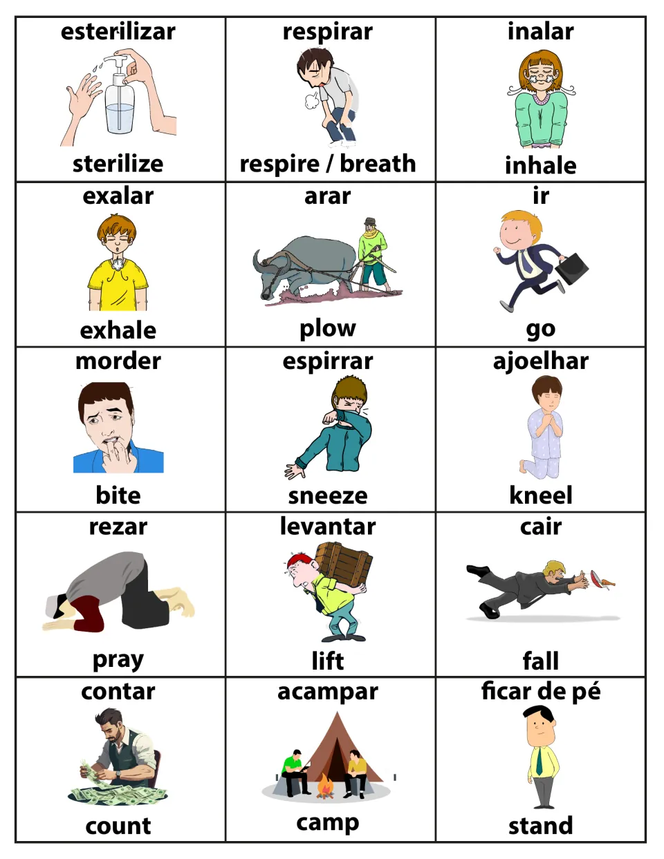 Action verb flashcards 91–105: inalar (inhale), exalar (exhale), ir (go) and 12 more in Portuguese and English
