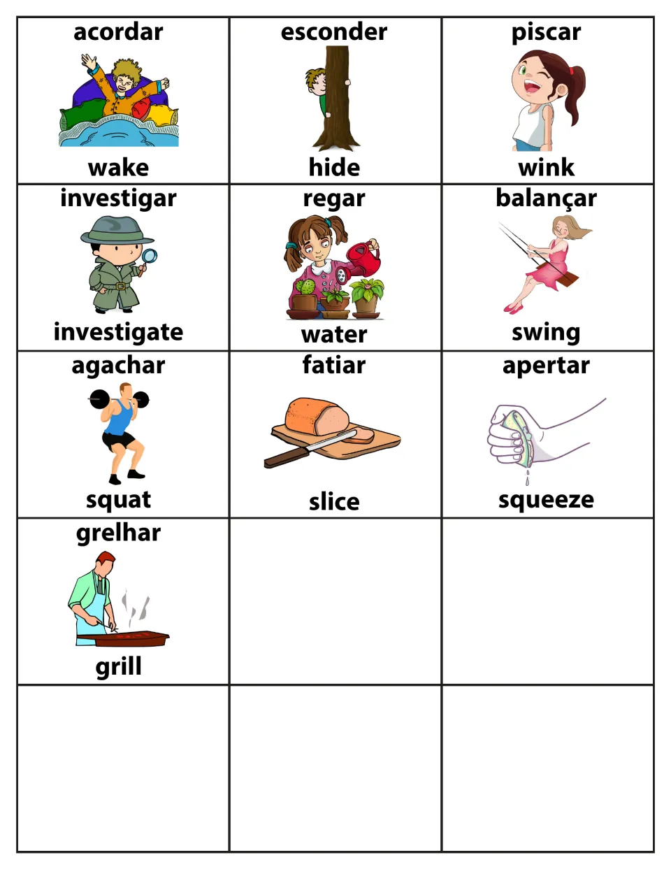 Action verb flashcards 106–115: acordar (wake), esconder (hide), piscar (wink) and seven more bilingual cards