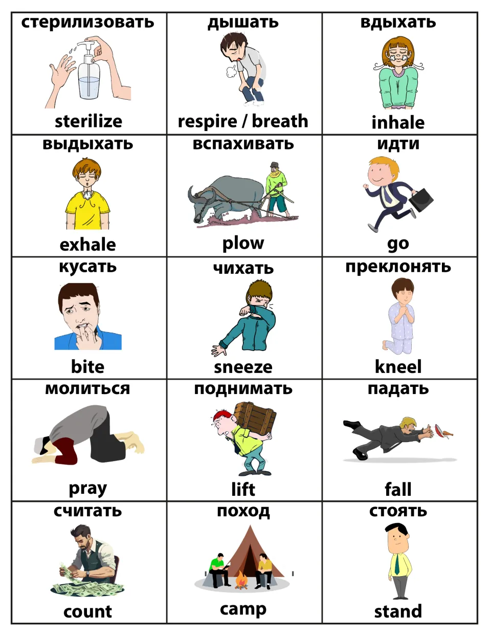 Verb cards pairing Russian and English: sterilize, inhale, exhale, plow, bite, sneeze, kneel, pray, lift, fall, camp