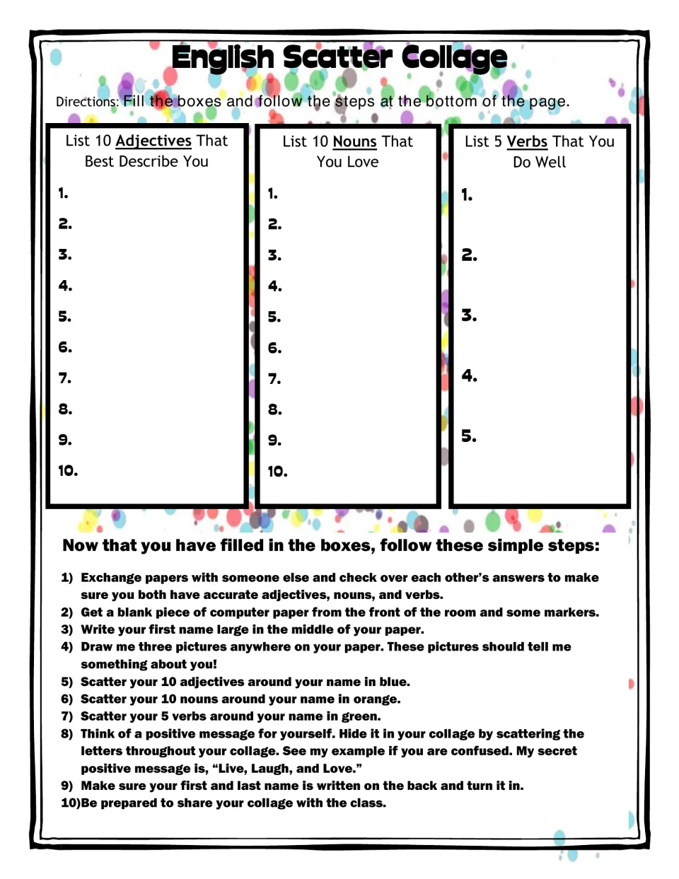 Parts of speech about me: students list 10 adjectives, 10 nouns and 5 verbs, then follow 10 steps to make a name collage
