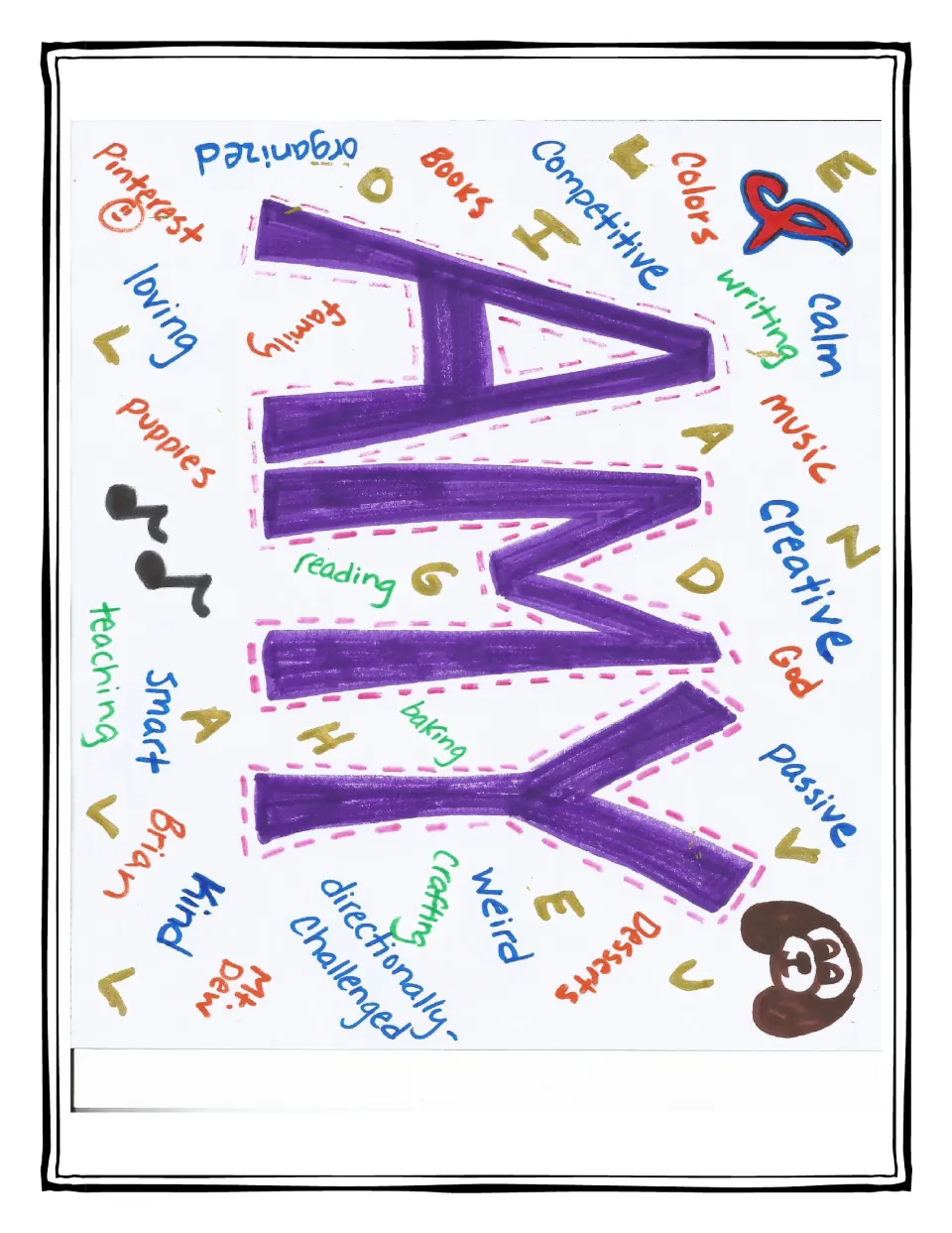 Teacher's sample collage: the name AMY in purple with words like creative, puppies and baking and hidden letters scattered