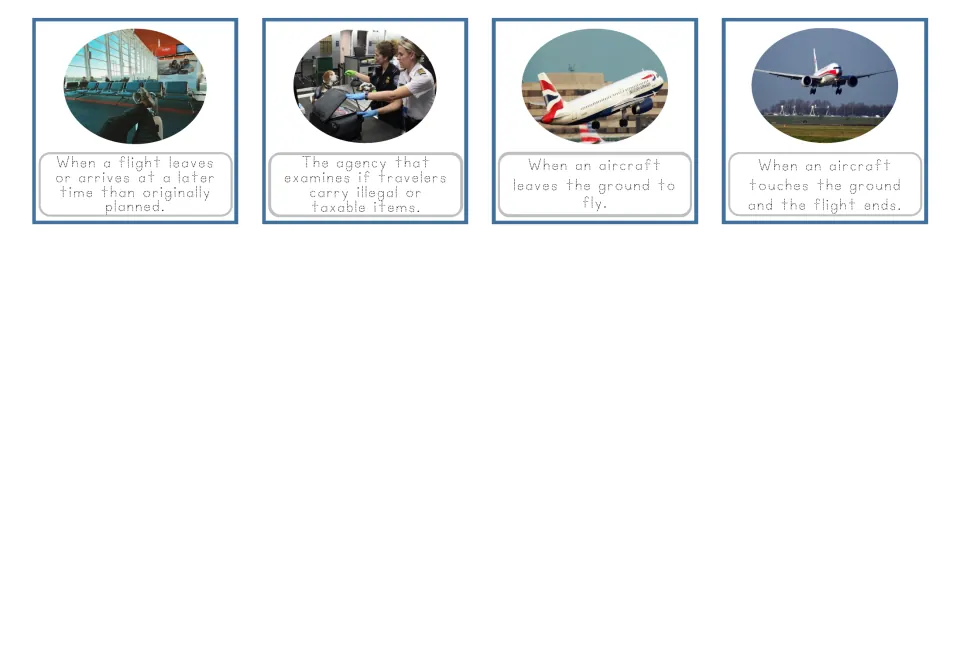 Airport vocabulary cards 13–16 show pictures and traceable definitions for delays, customs, takeoff and landing.