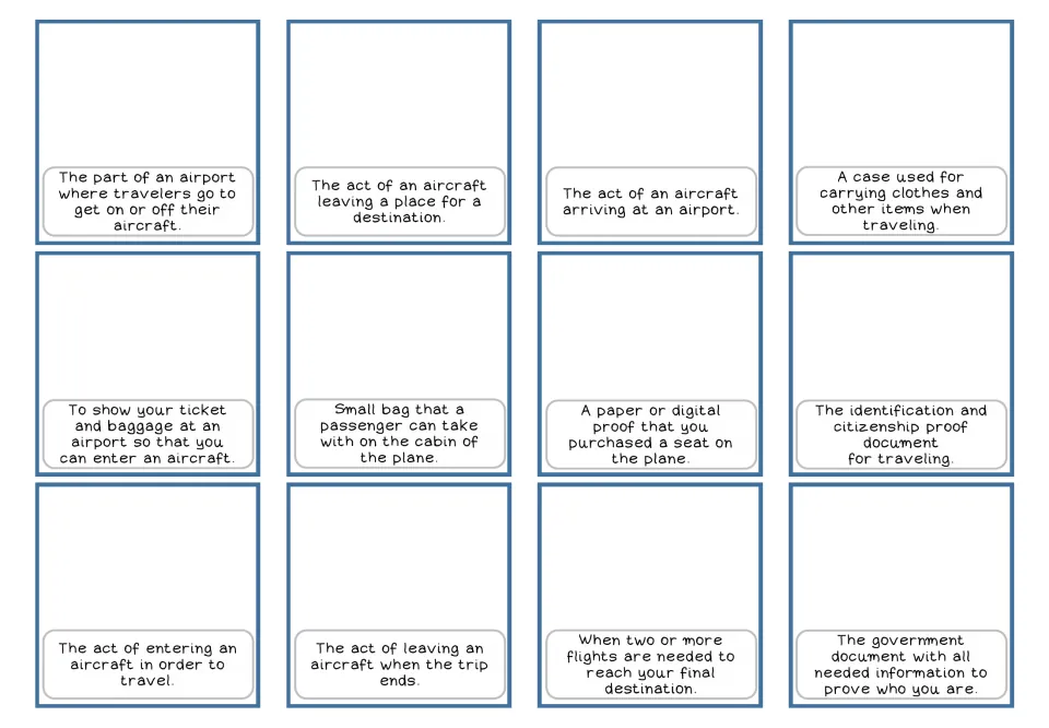 Airport vocabulary cards 1–12 provide printed definitions for picture matching, including luggage and boarding.
