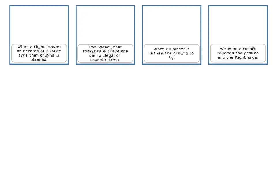 Airport vocabulary cards 13–16 provide definitions of flight delays, customs, takeoff and landing for matching.