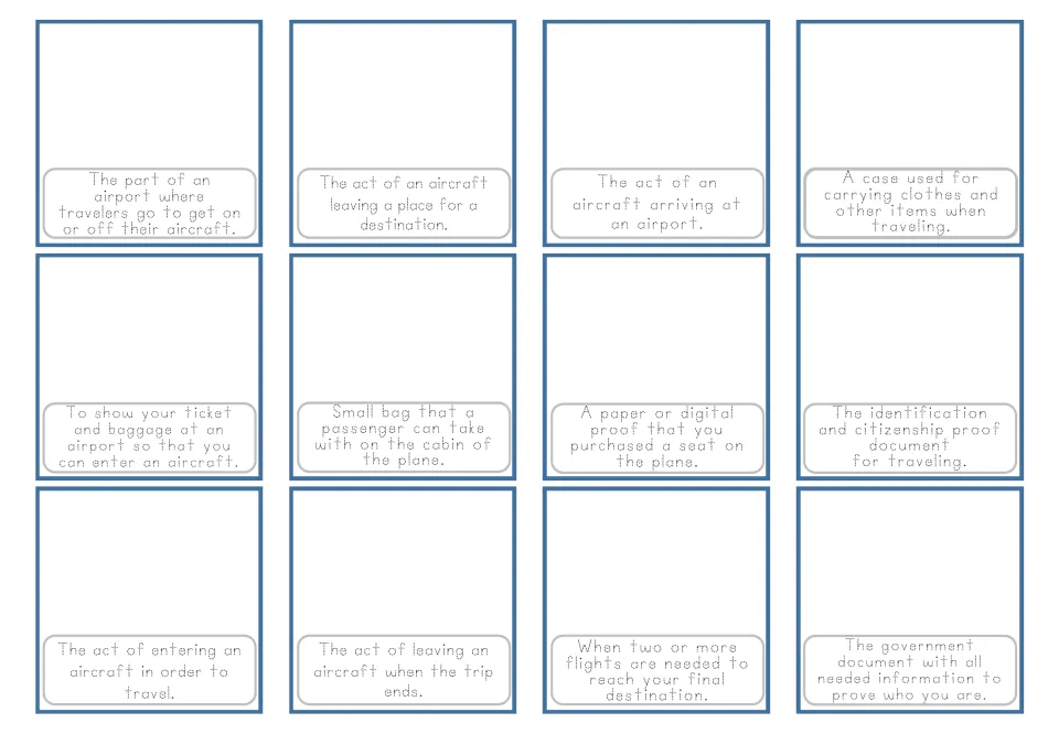 Airport vocabulary cards 1–12 provide traceable definitions without pictures, including luggage and boarding.