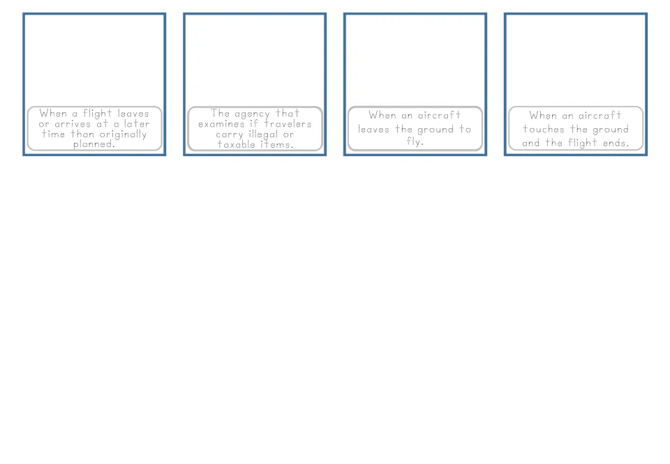 Airport vocabulary cards 13–16 provide traceable definitions of delays, customs, takeoff and landing, without pictures.