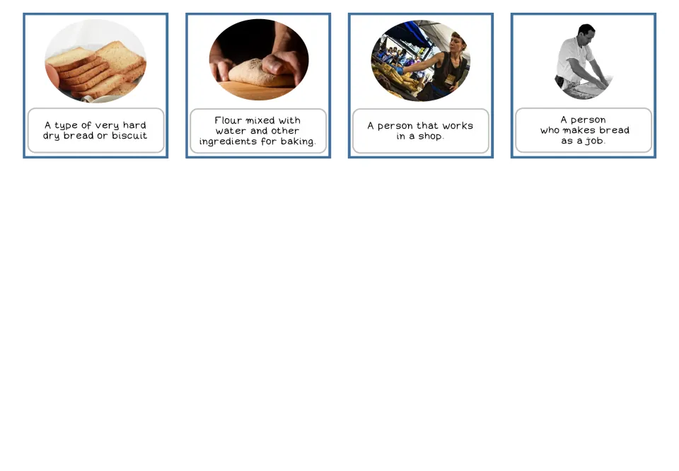 Bakery vocabulary cards 13–16 pair photos with definitions of dry bread, dough, a shop worker and a baker.