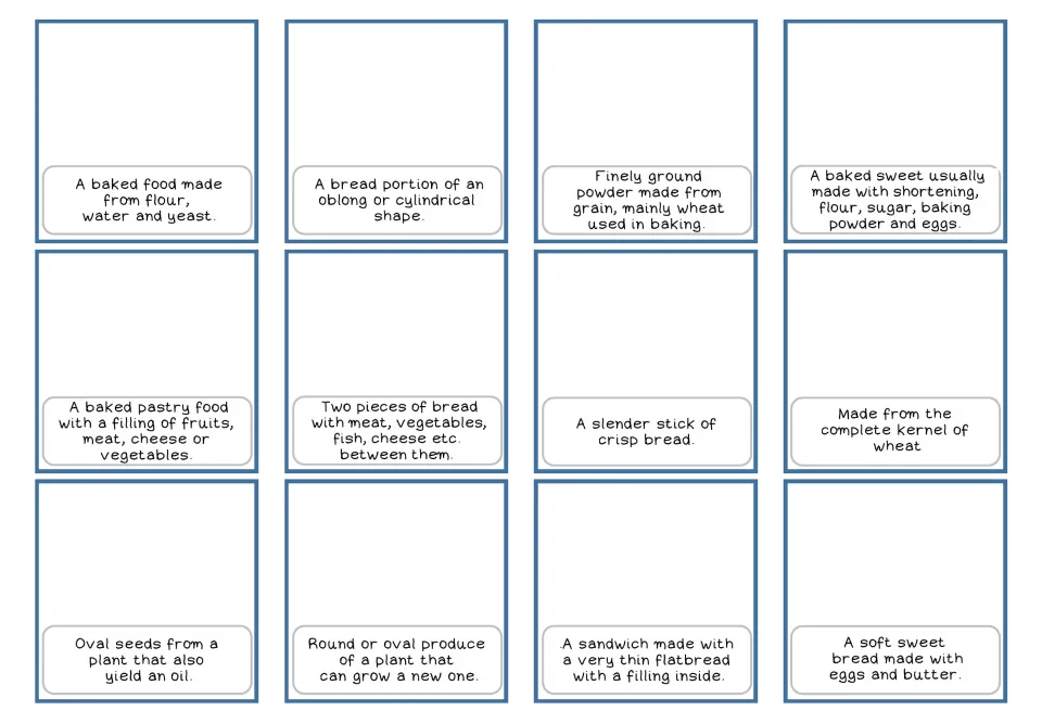 Bakery vocabulary cards 1–12 give definitions of bread, flour, cake and nine more without matching photos.