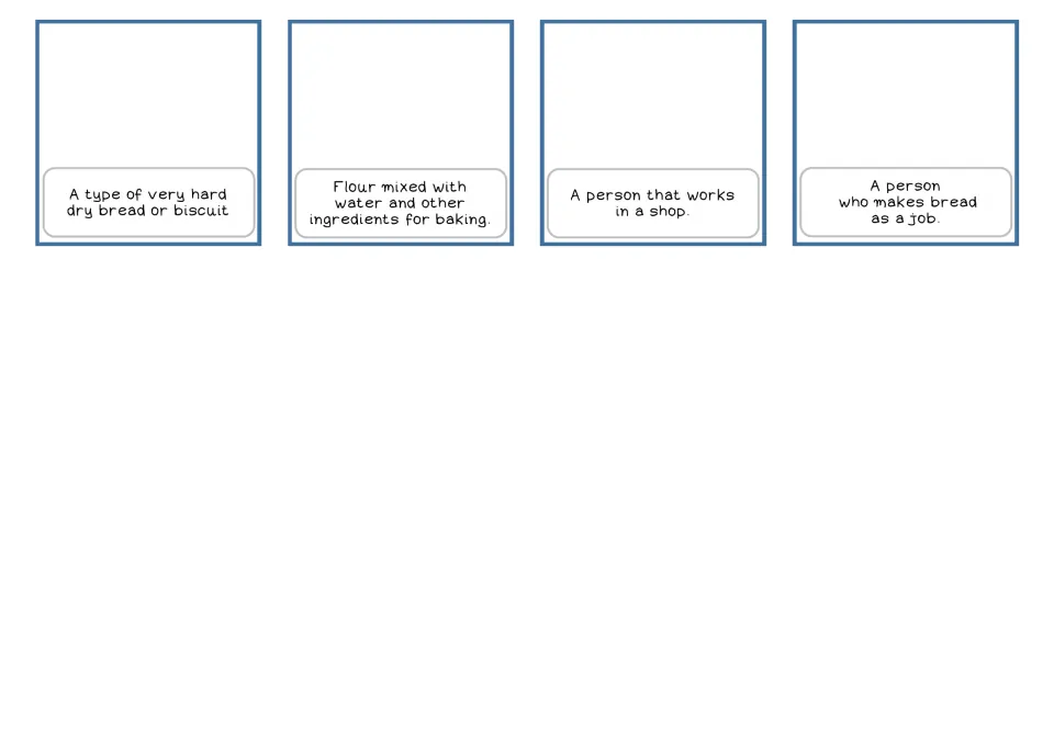 Bakery cards 13–16 give definitions of dry bread, dough, a shop worker and a baker without matching photos.