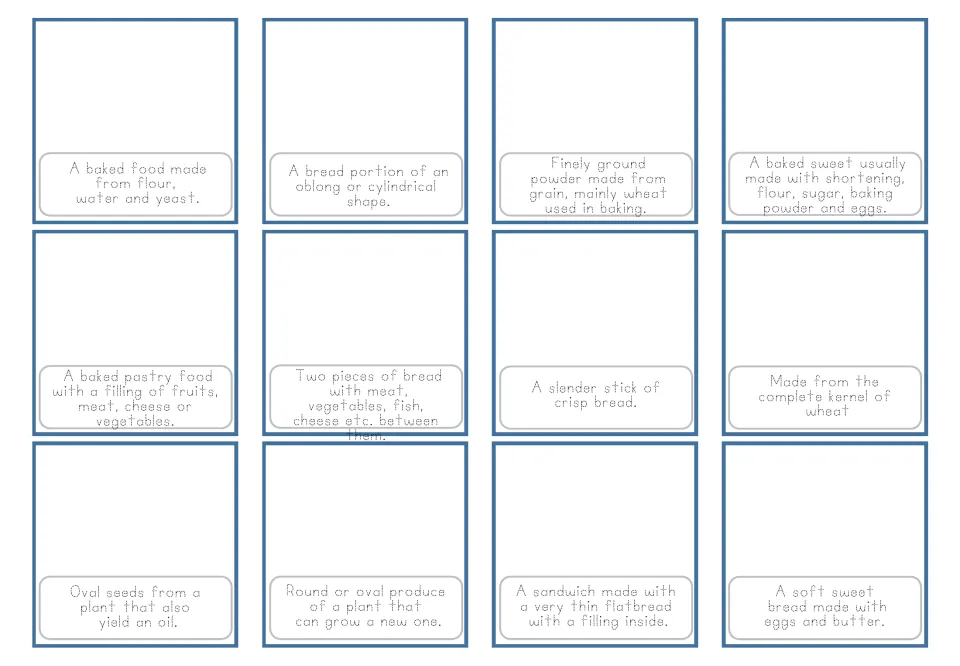 Bakery vocabulary cards 1–12 provide traceable definitions of bread, flour, cake and nine more without photos.