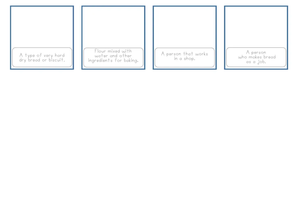Bakery cards 13–16 offer traceable definitions of dry bread, dough, a shop worker and a baker without photos.