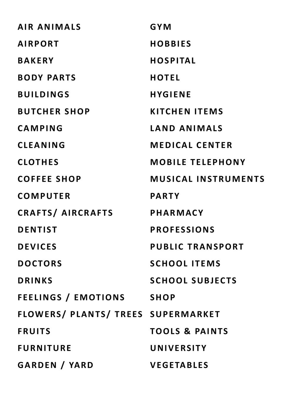 Topic list of 42 vocabulary themes, from air animals, airport and bakery to tools & paints, university and vegetables