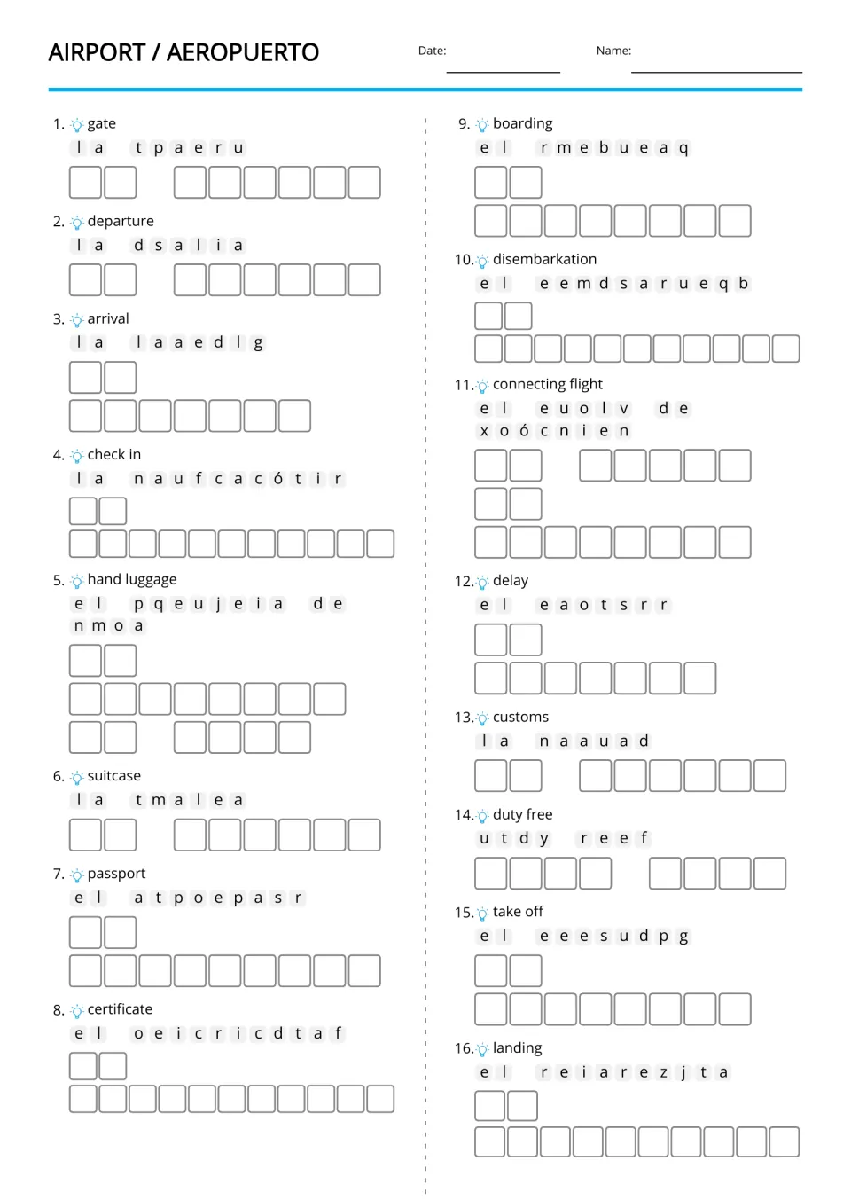 Airport vocabulary: students unscramble Spanish words and articles for 16 terms such as gate, customs and landing