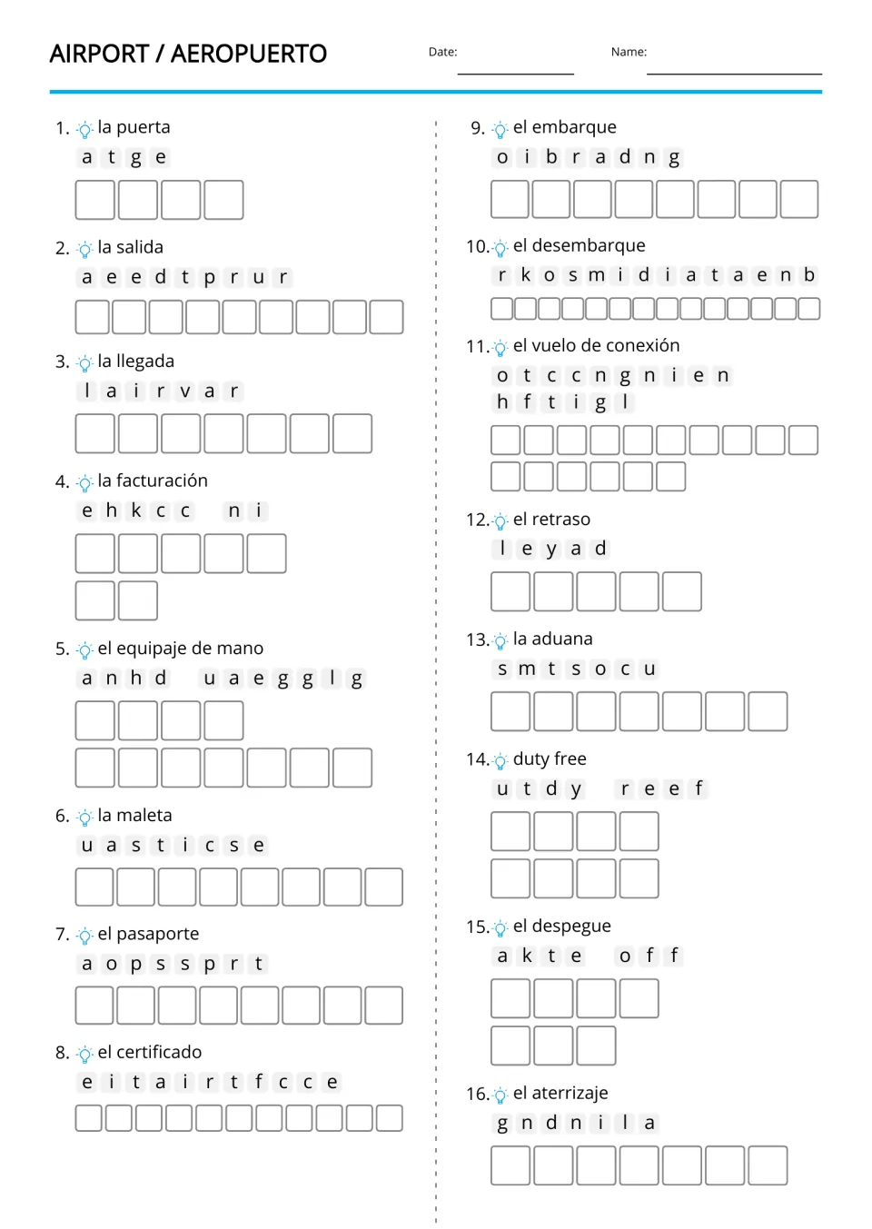 Airport in reverse: students unscramble English words such as gate, delay and take off from 16 Spanish terms