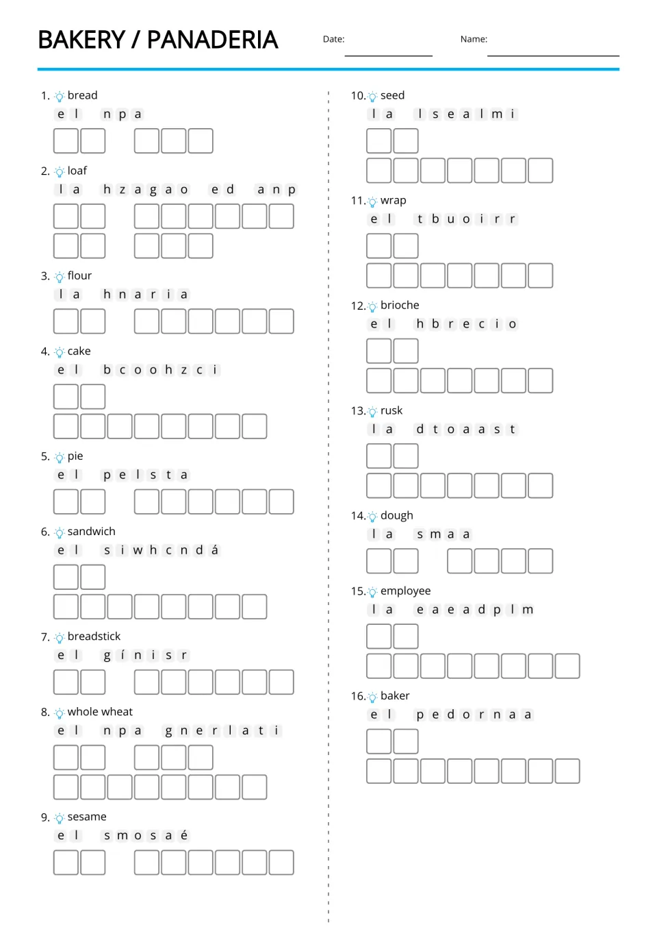 Bakery vocabulary: students unscramble the Spanish word and article for 16 terms such as bread, flour and baker