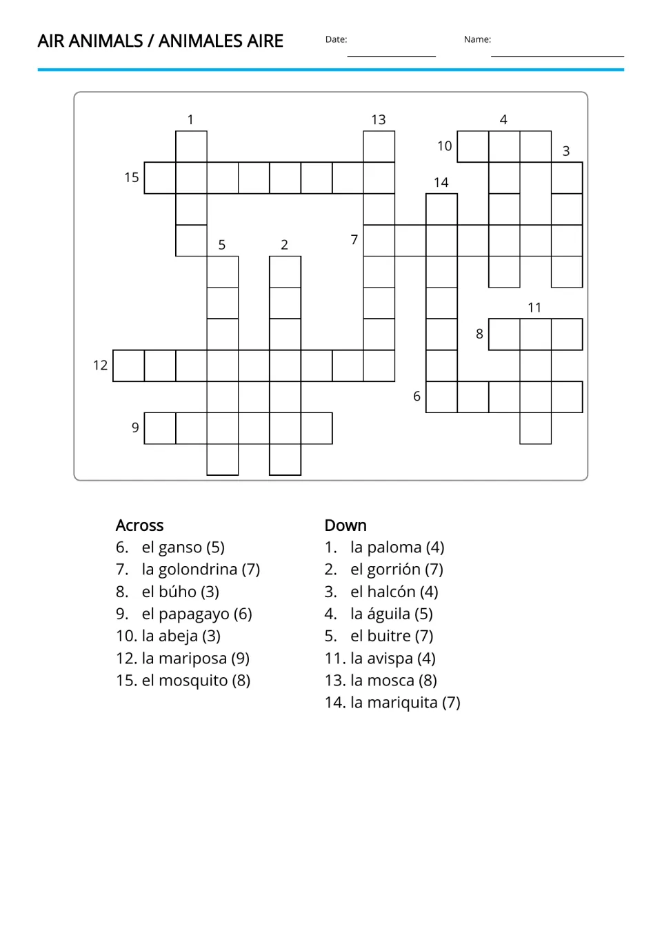 Air animals crossword: students write English names for Spanish clues like el ganso, la abeja and la mariposa