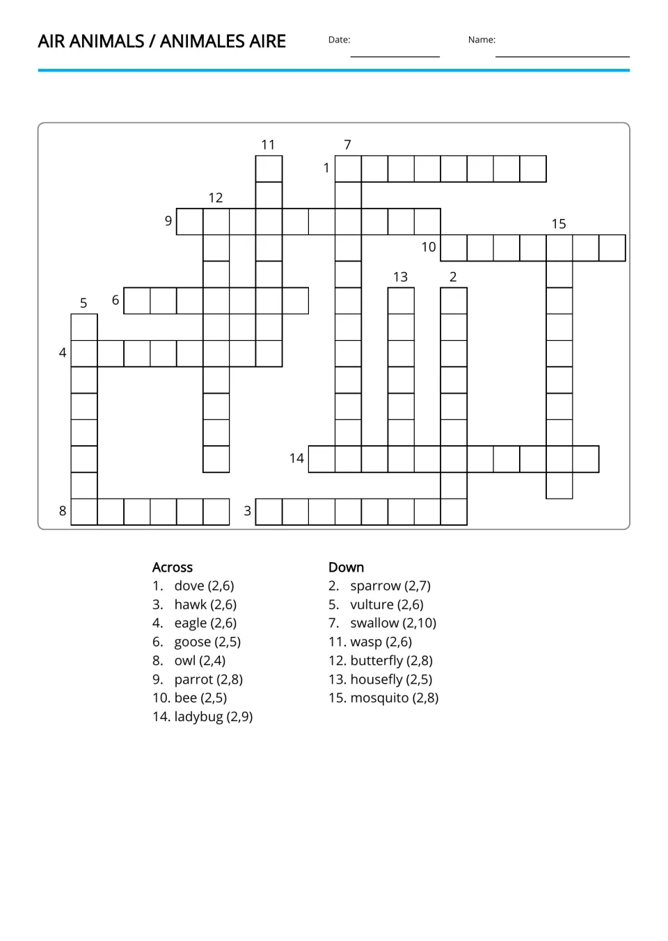 Air animals crossword in reverse: students write Spanish names with articles for dove, hawk, eagle and owl