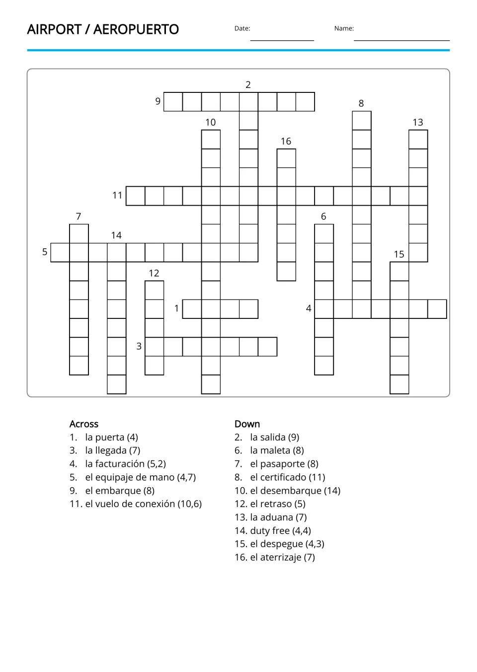 Airport crossword: students translate Spanish clues like la puerta, la maleta and el pasaporte into English