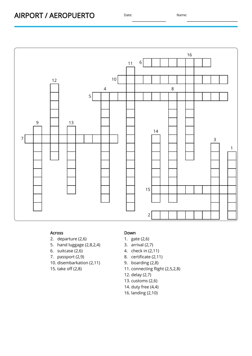 Airport crossword in Spanish: students give Spanish words for departure, hand luggage, customs and landing