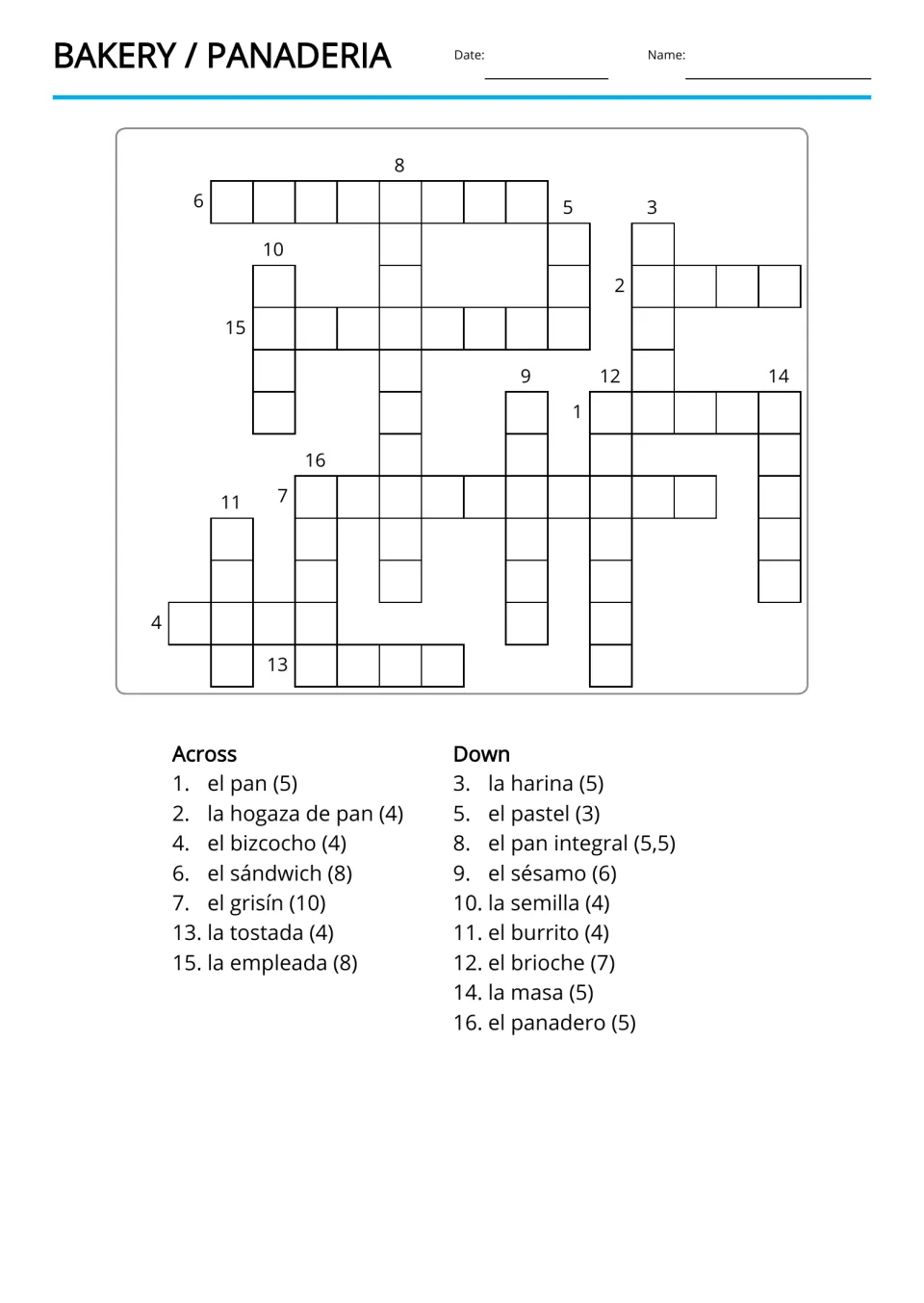 Bakery crossword: students translate Spanish clues like el pan, la harina, el pastel and la masa into English