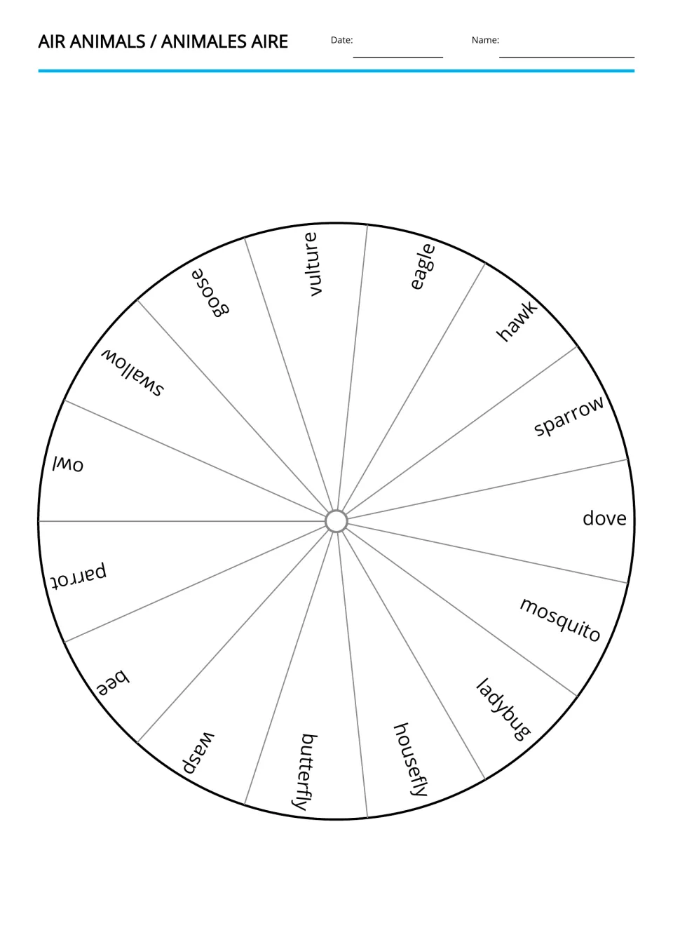 English air animals vocabulary wheel: eagle, hawk, sparrow, dove, mosquito, ladybug, and nine more words