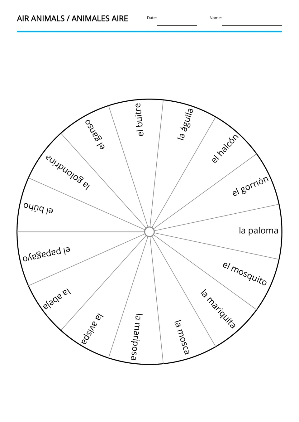 Spanish air animals vocabulary wheel: el buitre (vulture), el halcón (hawk), and 13 more animal names