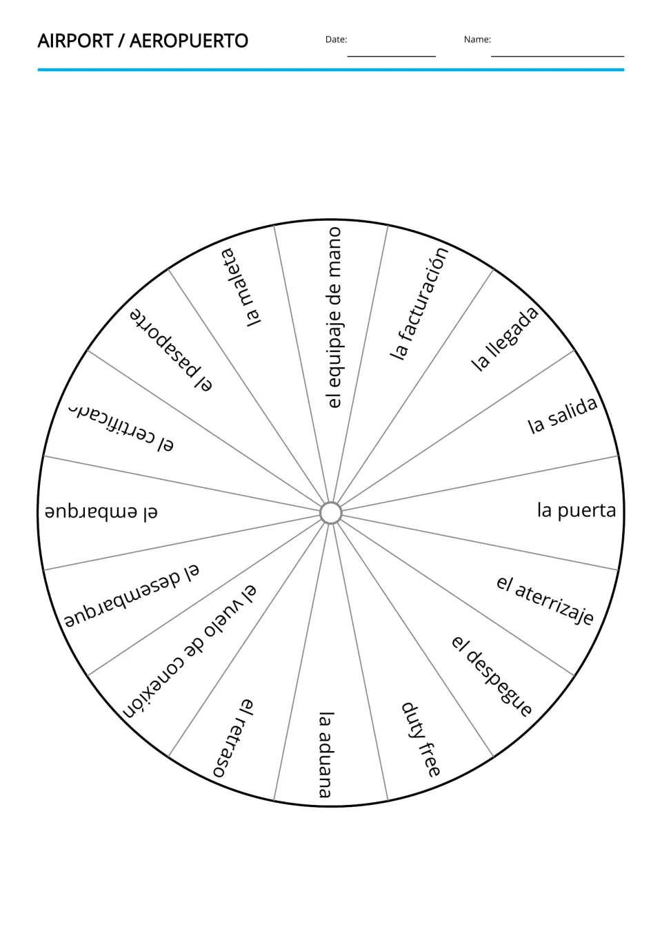 Spanish airport vocabulary wheel: la llegada (arrival), la salida (departure), and 14 more travel terms