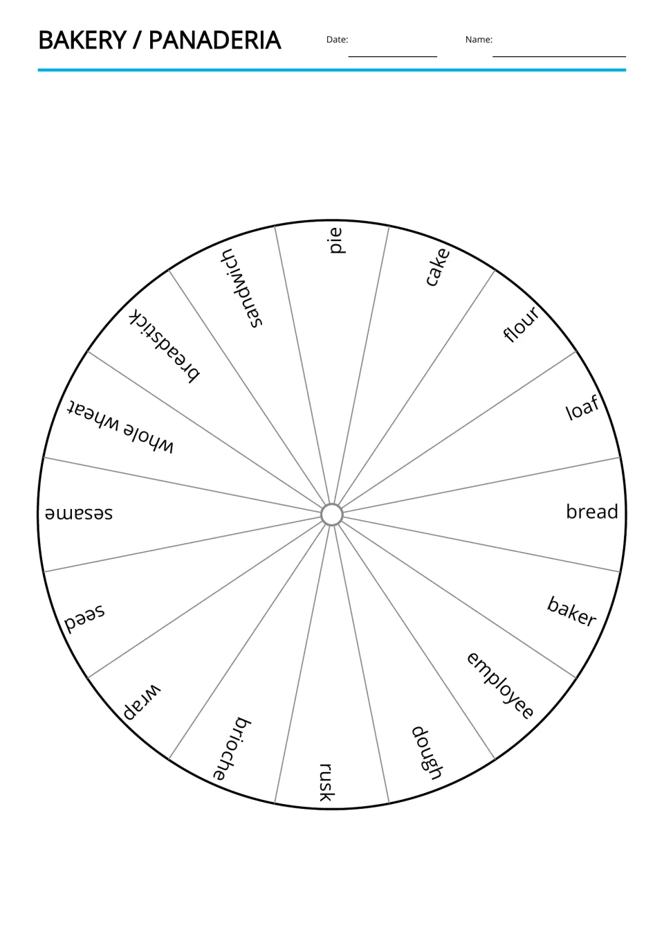 English bakery vocabulary wheel: pie, cake, flour, loaf, bread, baker, employee, and nine more terms