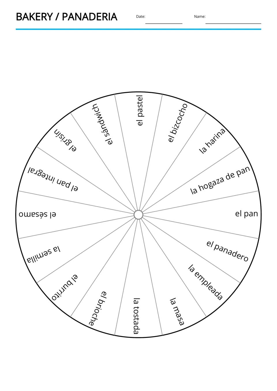 Spanish bakery vocabulary wheel: la harina (flour), el pan (bread), el panadero (baker), and 13 more terms