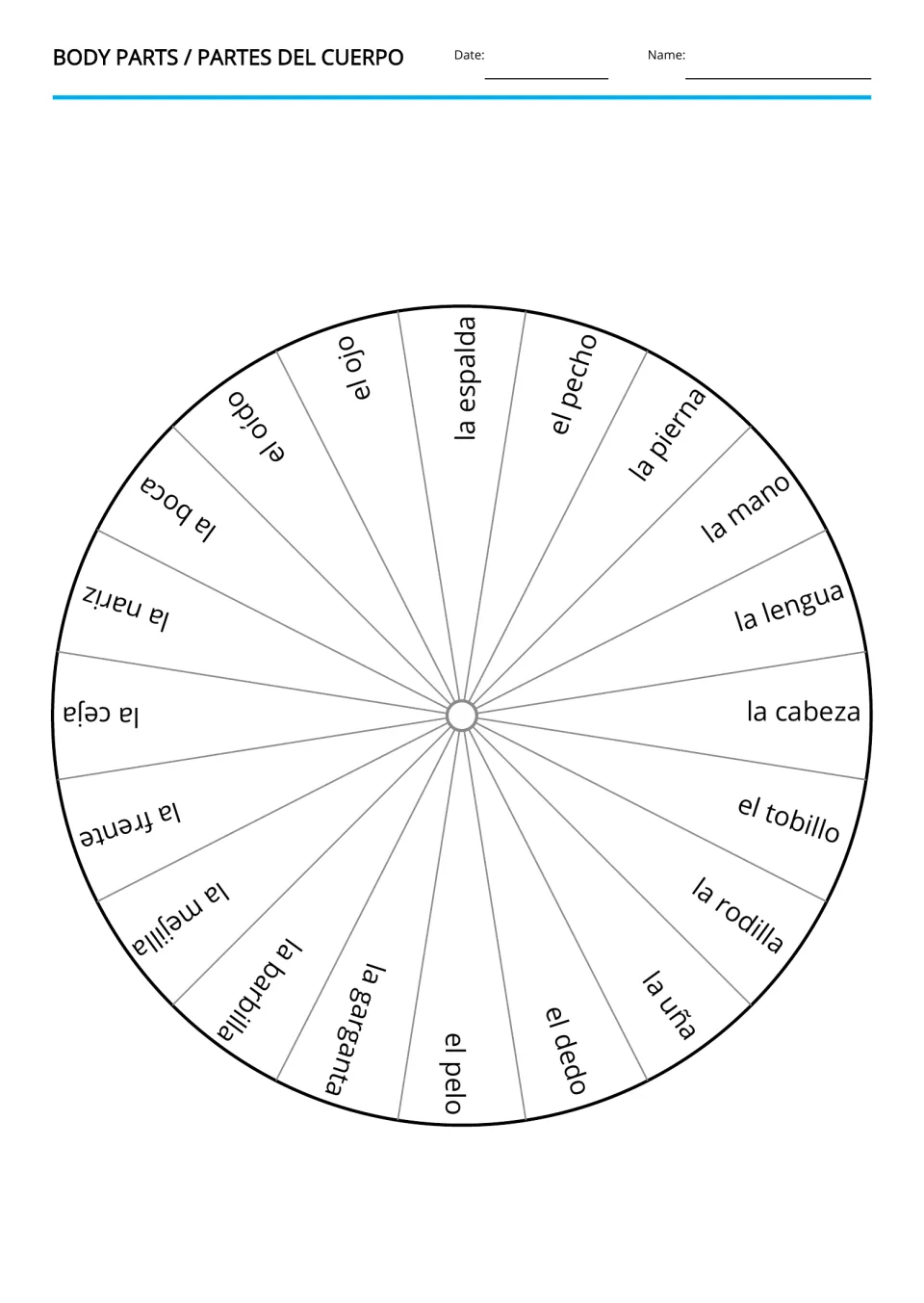 Spanish body parts vocabulary wheel: la espalda (back), el pecho (chest), la mano (hand), and 17 more terms