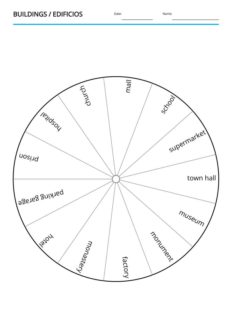 English buildings vocabulary wheel: mall, school, supermarket, town hall, museum, and eight more places
