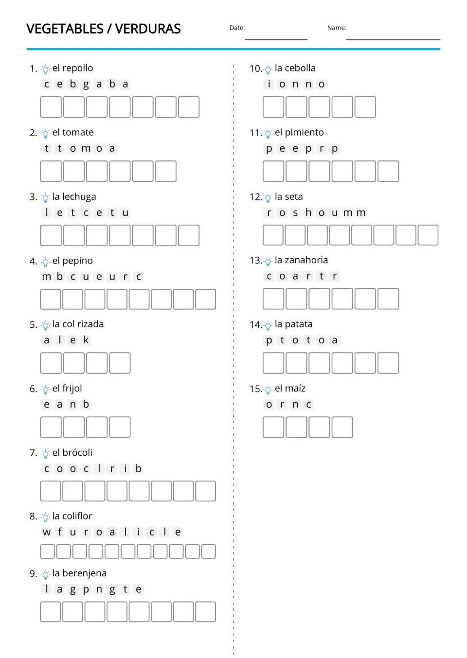 English vegetable anagram practice: 15 Spanish clues, including el repollo (cabbage) and el maíz (corn)