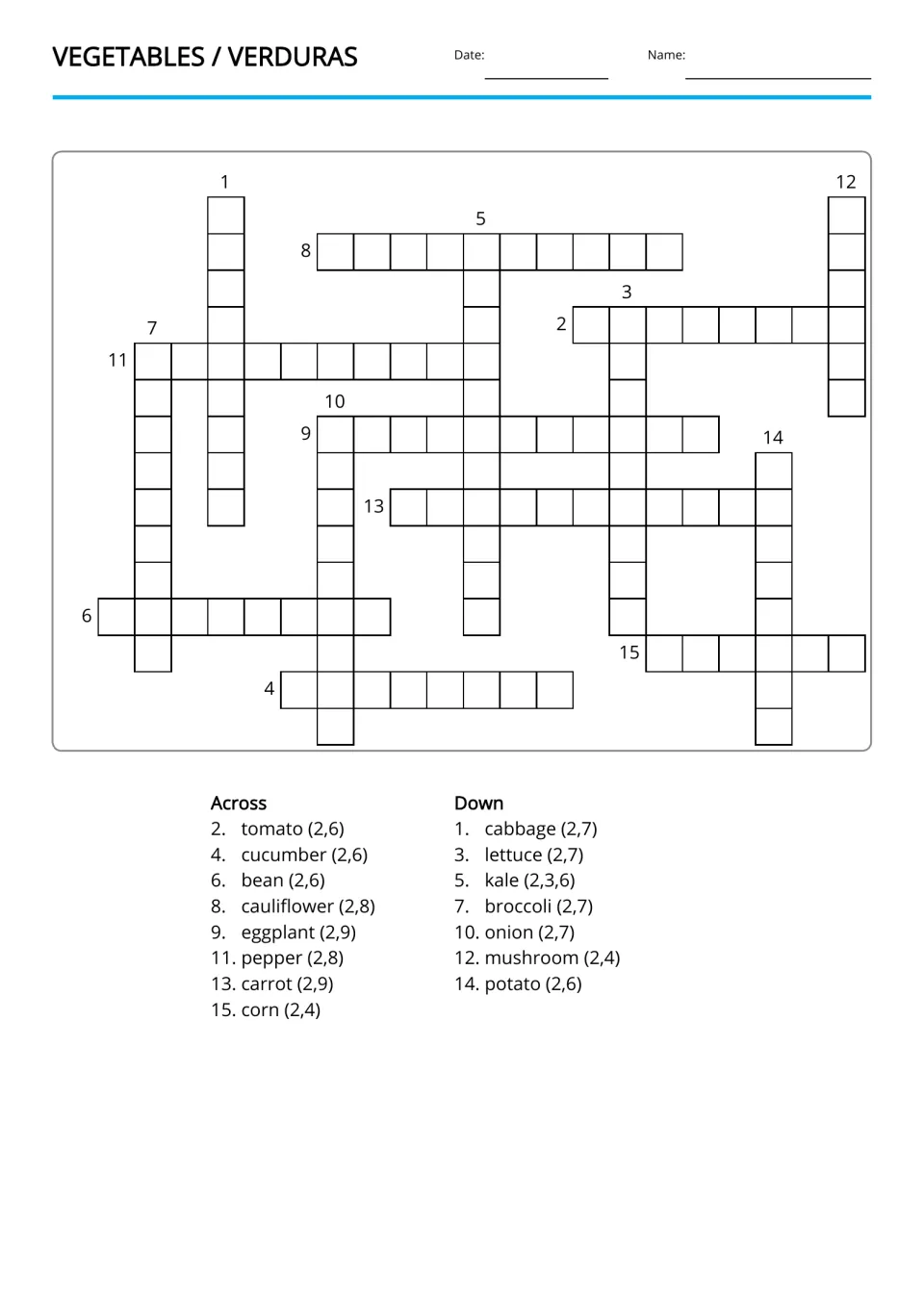 Spanish vegetable crossword: 15 English clues, including tomato, cucumber, bean, cauliflower, and corn