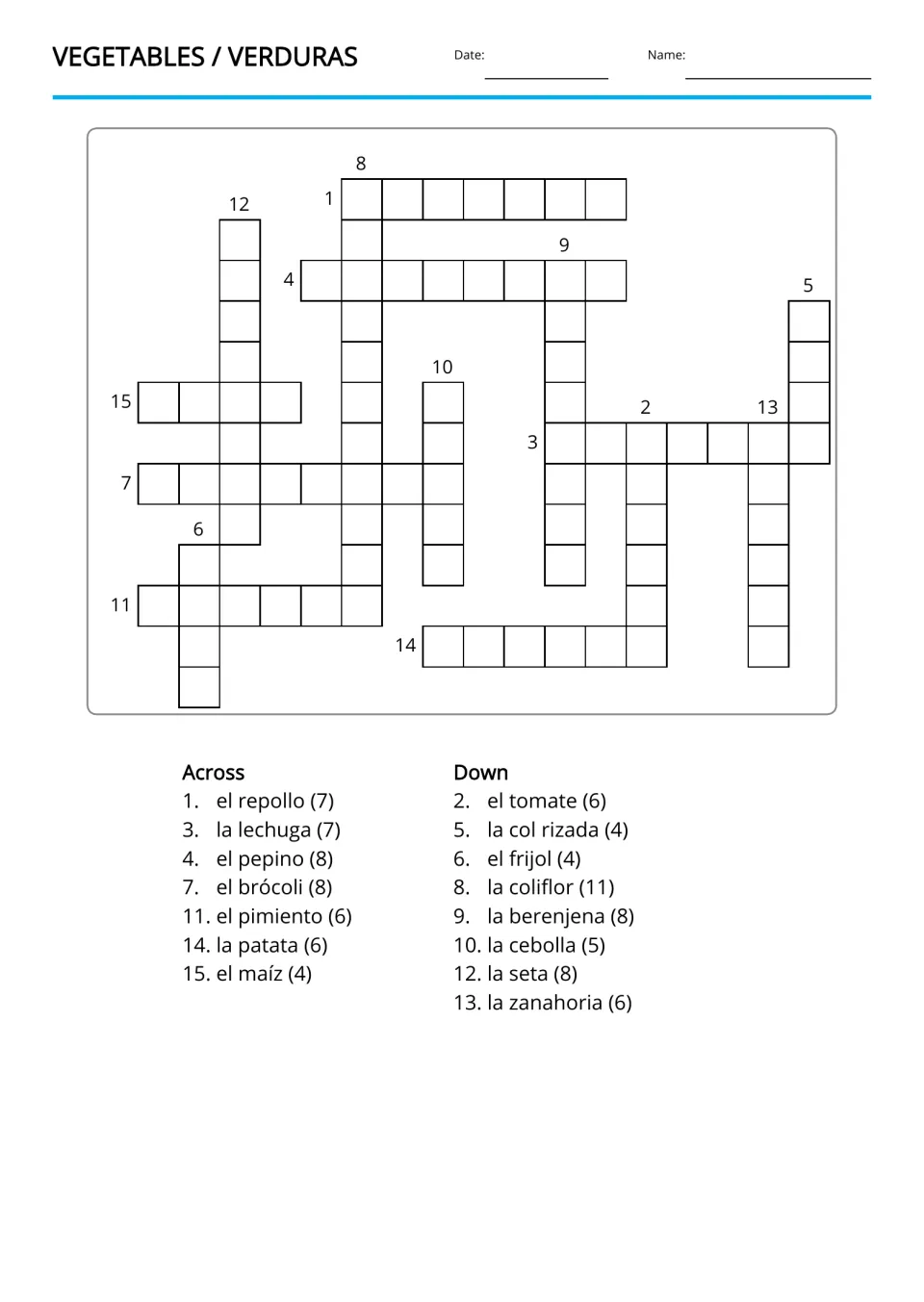 English vegetable crossword: 15 Spanish clues, including el repollo (cabbage) and la lechuga (lettuce)