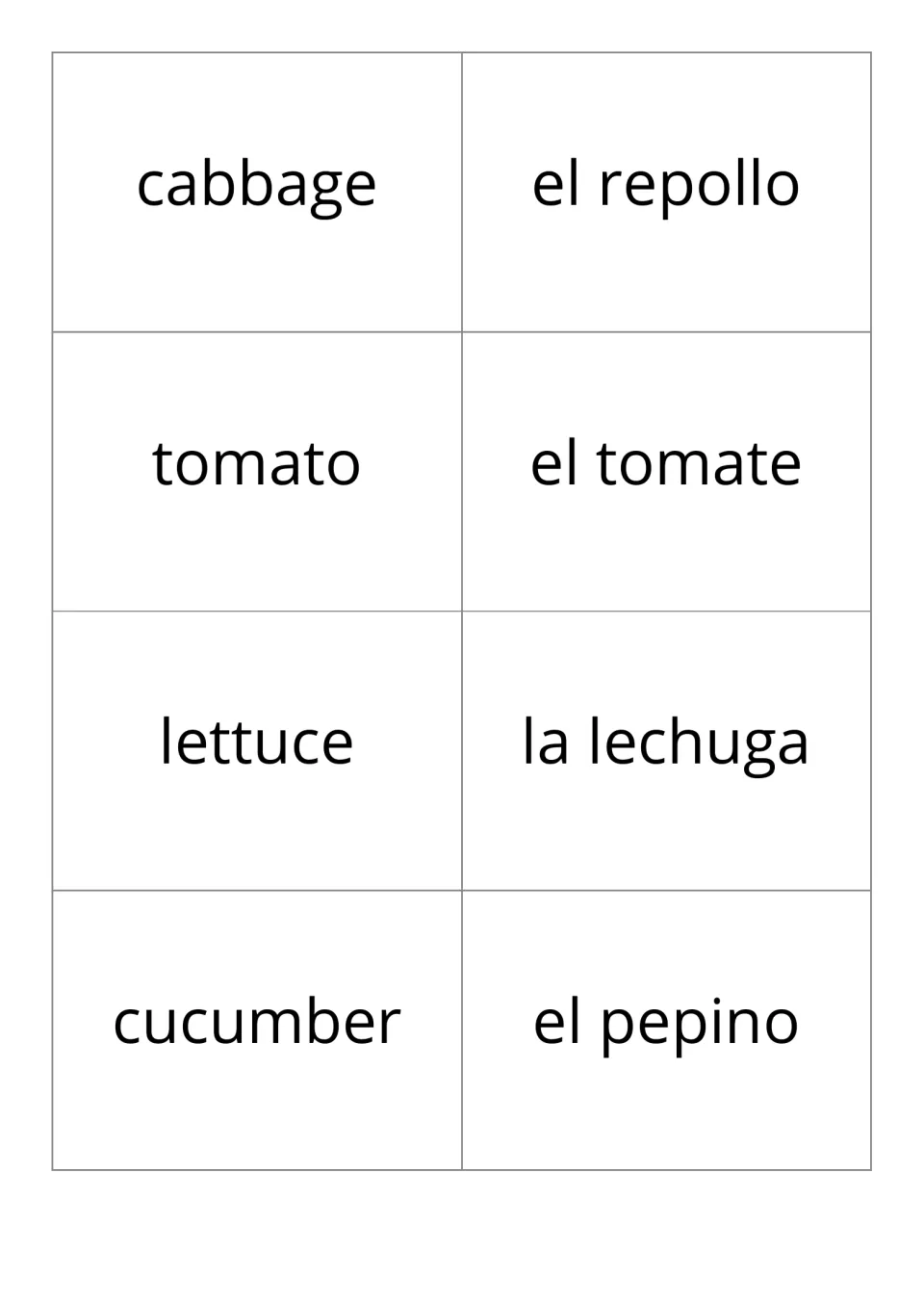 Vegetable vocabulary flashcards: cabbage/el repollo, tomato/el tomate, lettuce/la lechuga, cucumber/el pepino