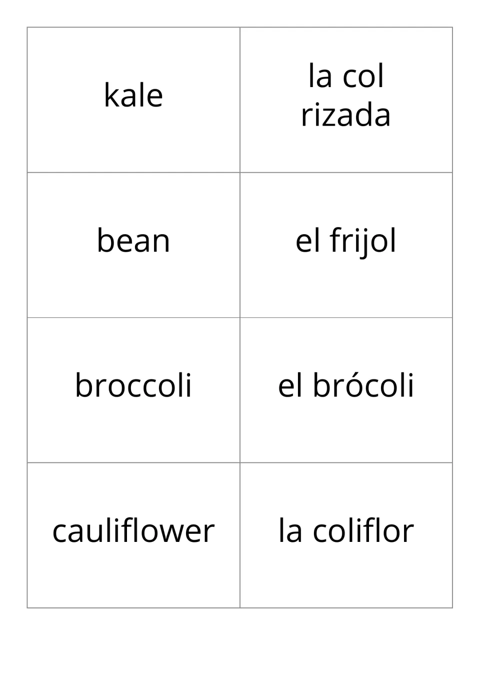 Vegetable vocabulary flashcards: kale/la col rizada, bean/el frijol, broccoli/el brócoli, cauliflower/la coliflor