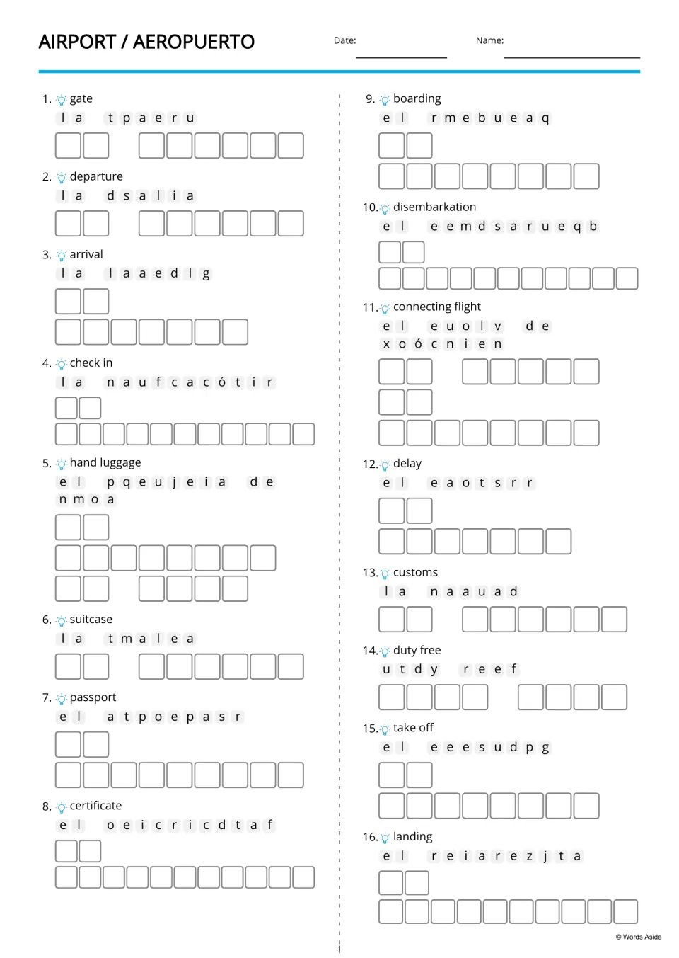 Airport vocabulary anagrams: unscramble 16 Spanish terms from English clues, including gate and departure