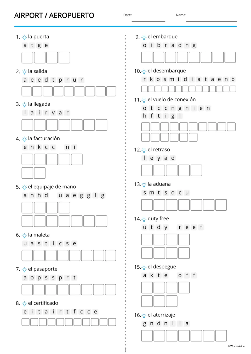 Airport vocabulary anagrams: unscramble 16 English terms from Spanish clues, including arrival and passport