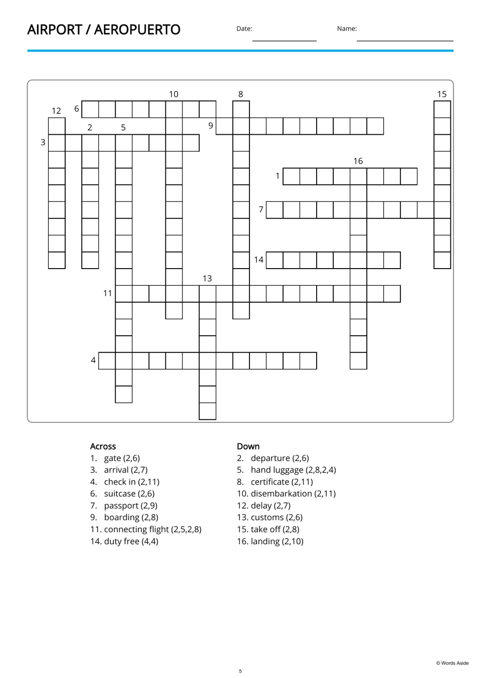 Airport crossword: translate 16 English clues into Spanish, including hand luggage, boarding, and customs