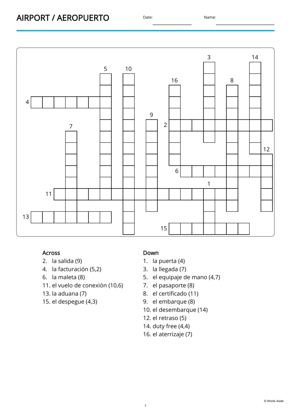 Airport crossword: translate 16 Spanish clues into English, including suitcase, delay, and connecting flight