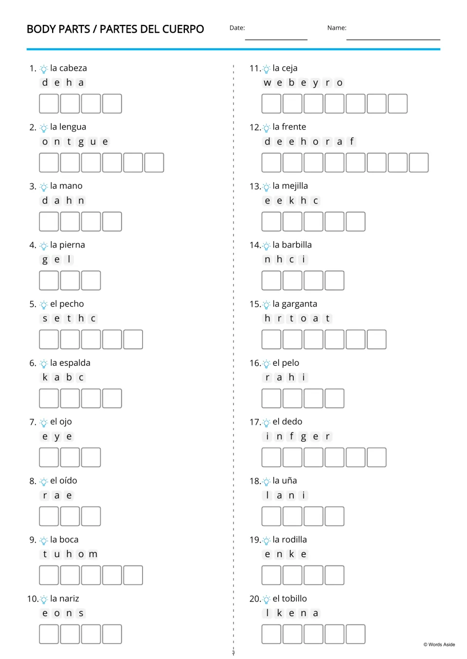 Partes del cuerpo scramble: students unscramble English words for 20 Spanish terms like la mano (hand) and el ojo (eye)