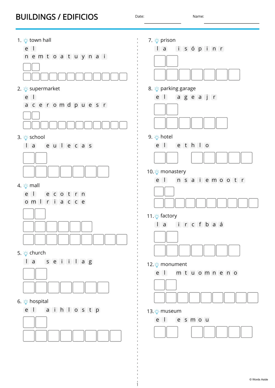 Spanish anagram practice for 13 buildings, using English clues including town hall, supermarket and school