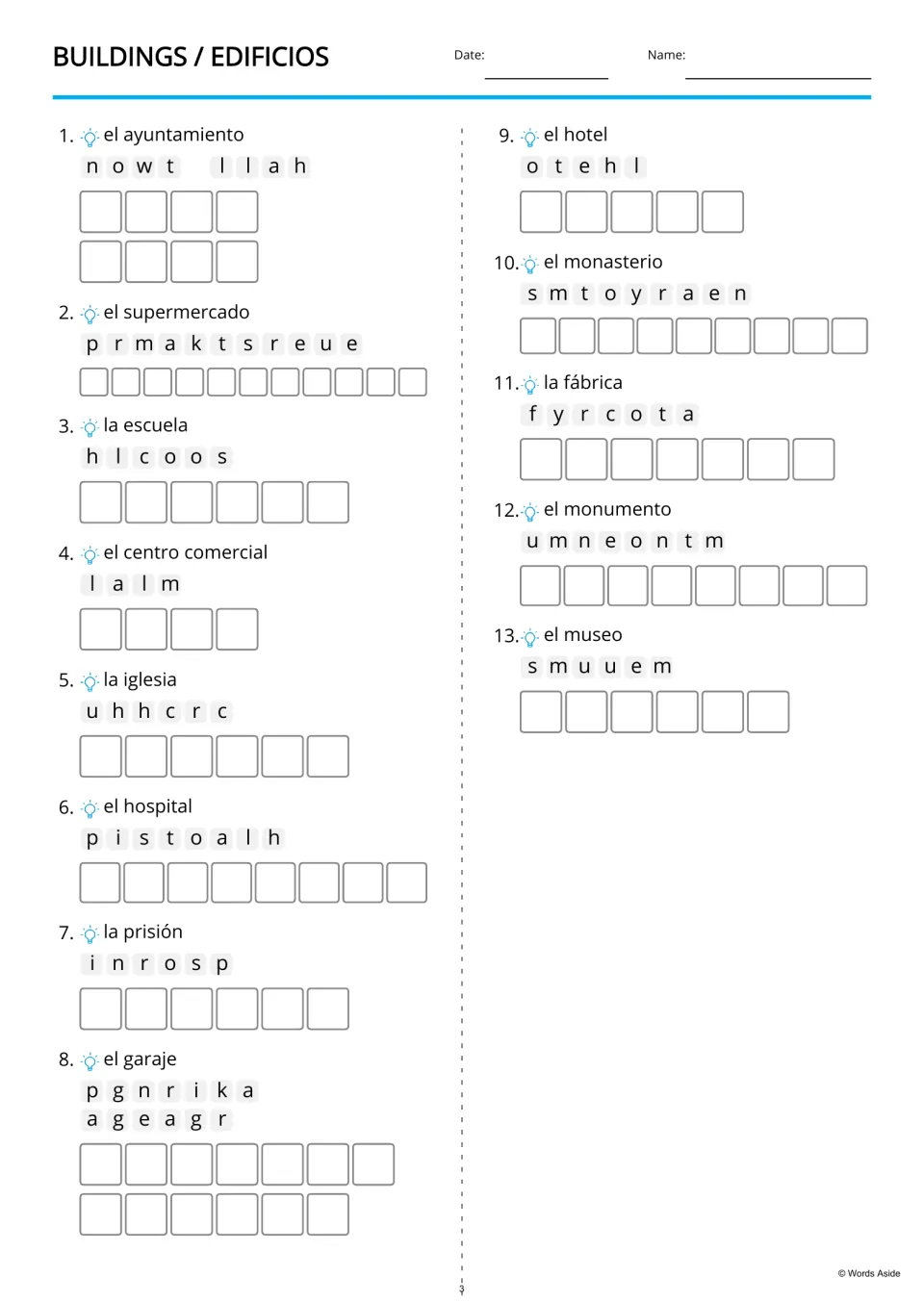 English anagram practice for 13 buildings, using Spanish clues including la escuela (school) and el hotel
