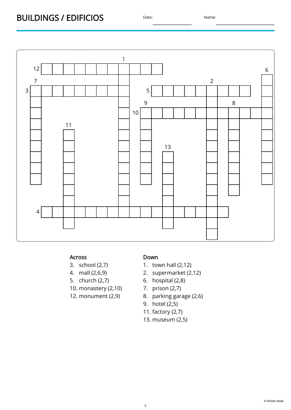 Spanish building vocabulary crossword with 13 English clues, including school, mall, church and museum