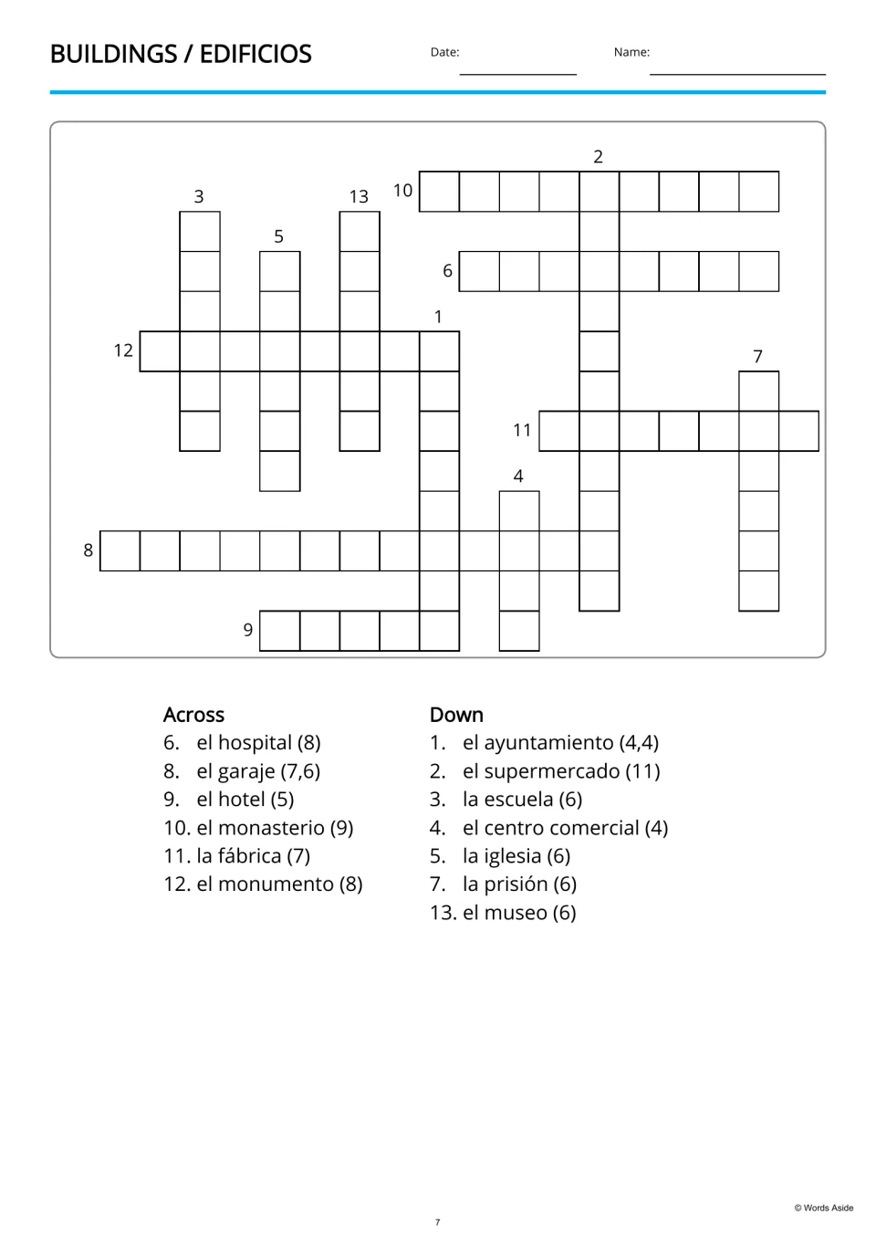 English building vocabulary crossword with 13 Spanish clues, including el hospital and el museo (museum)