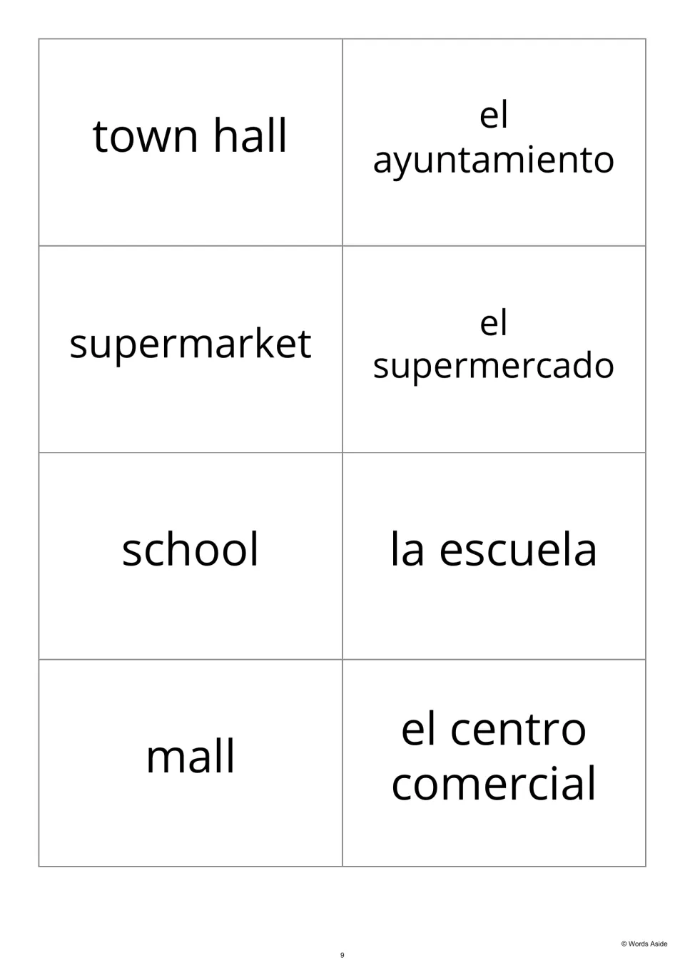 Building vocabulary flashcards pairing town hall, supermarket, school and mall with their Spanish translations